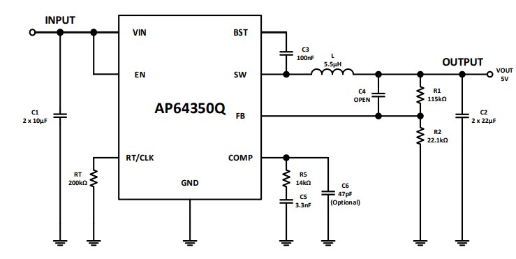 Application Circuit Diagram - Diodes Incorporated AP64350Q Buck Converter
